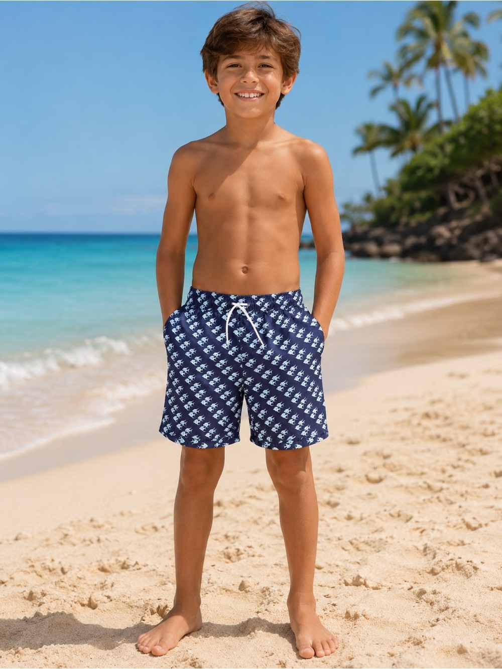 Janie & Jack Navy Fish Print Swim Trunks Beach Swim Shorts